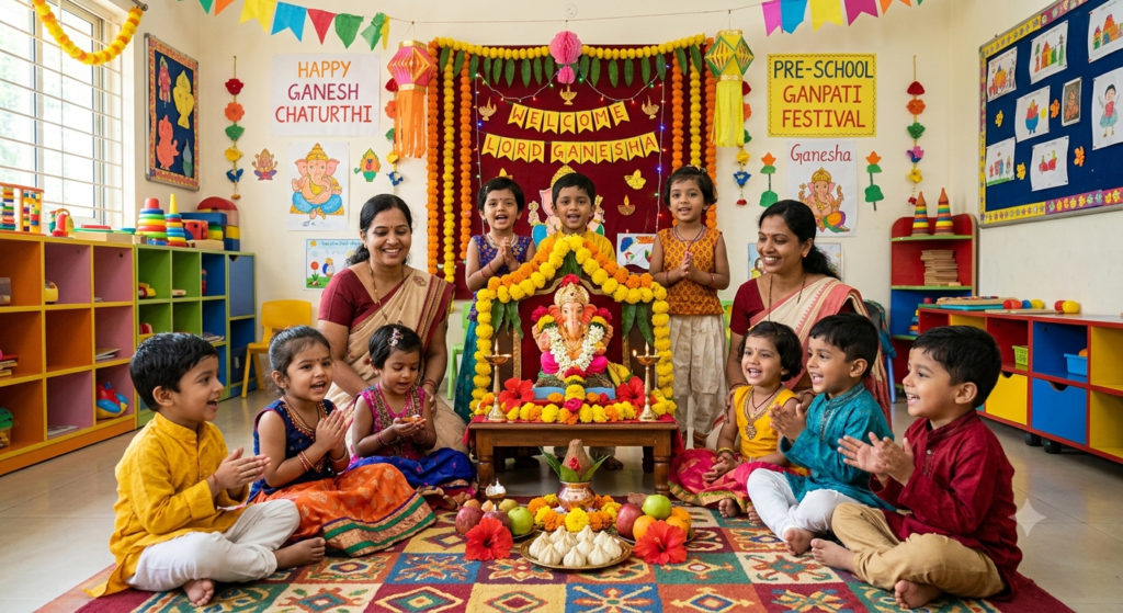Children celebrating Ganesh Chaturthi in a pre-school classroom, with a decorated Ganpati, marigolds and modaks